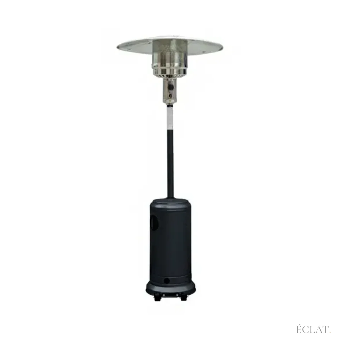 Parasol chauffant noir mat à réflecteur inox, vu en pied