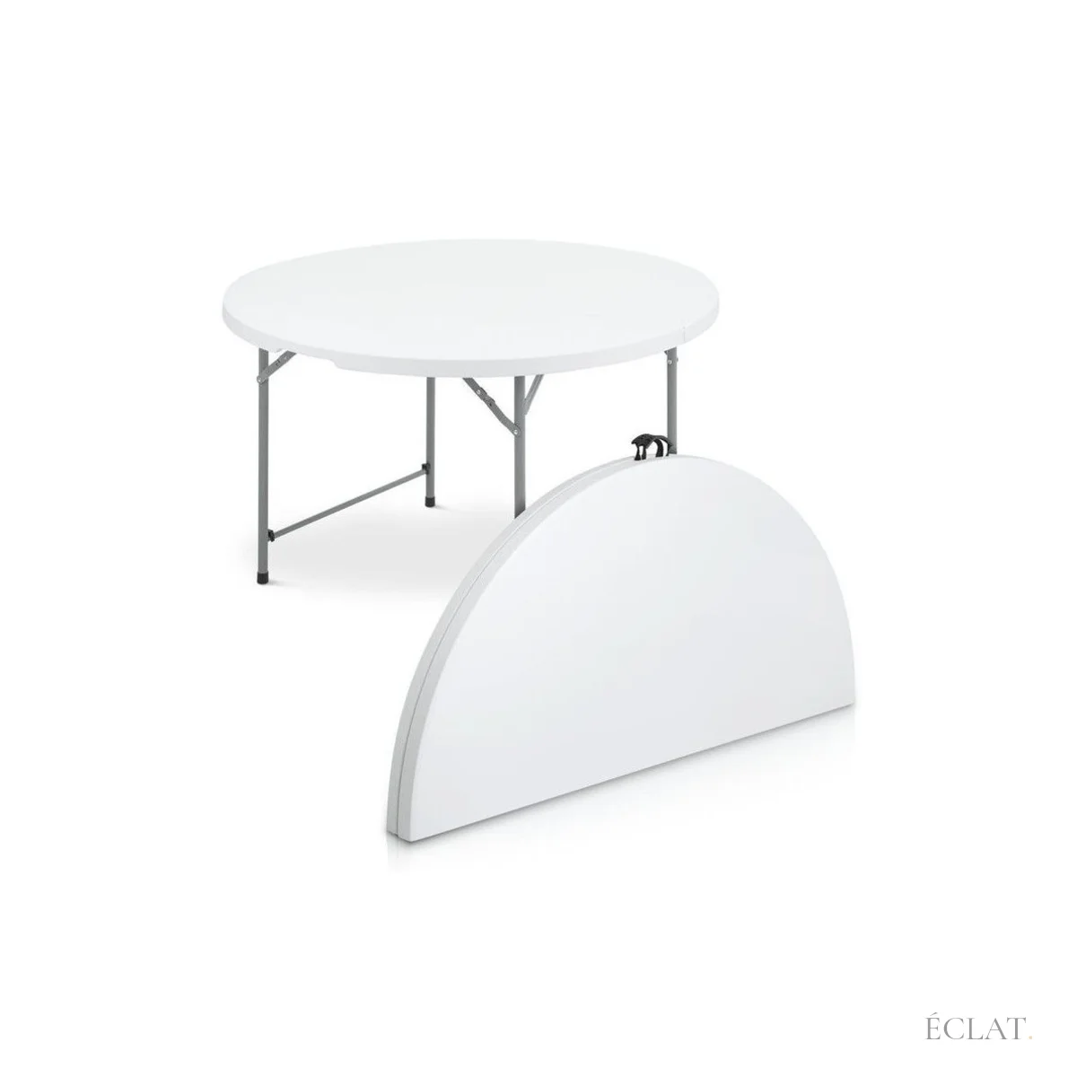 Location table ronde pliante de 120 cm, ouverte, avec une moitié de plateau repliée en demi-lune