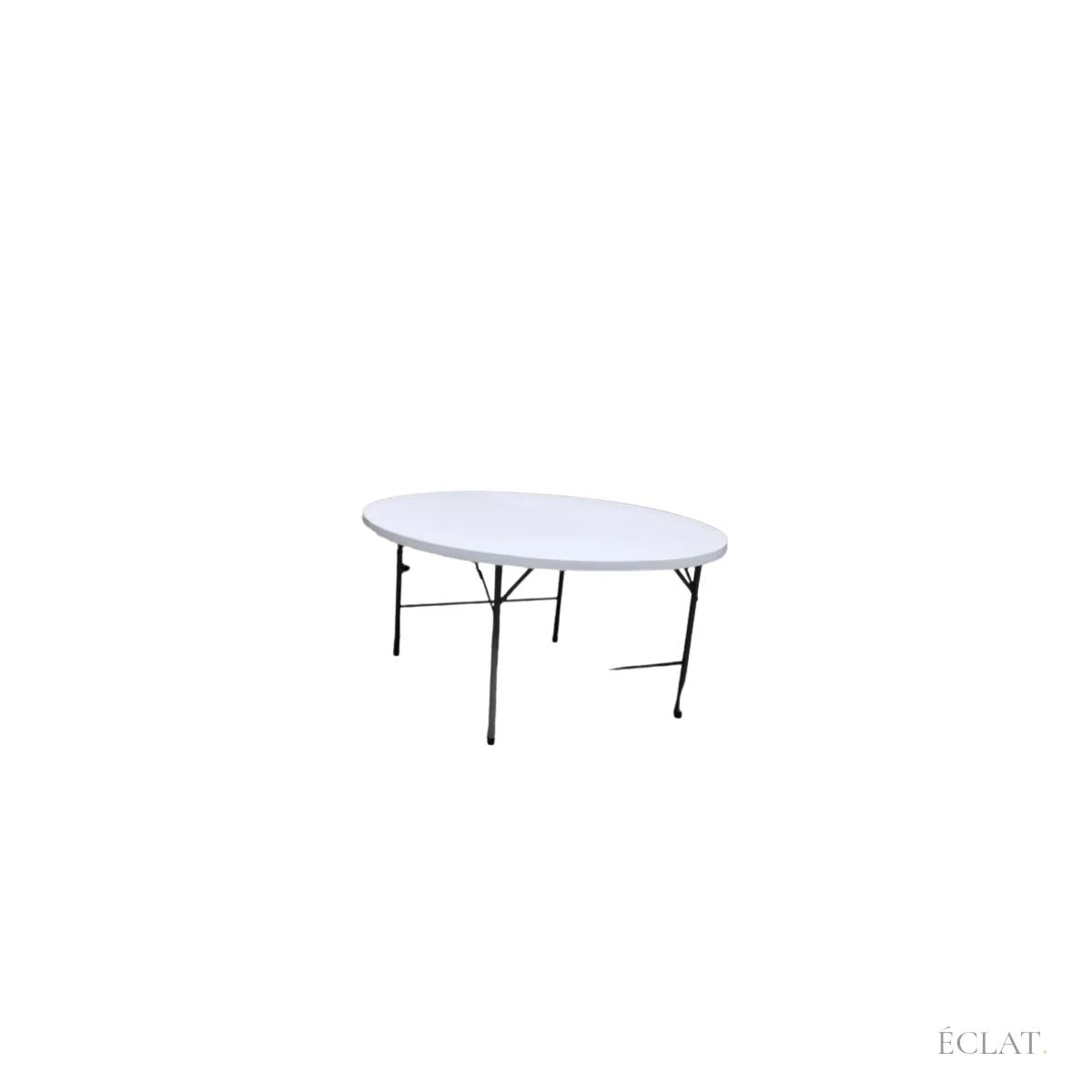 Table ronde pliante de 120 cm dépliée, plateau blanc et pieds en acier