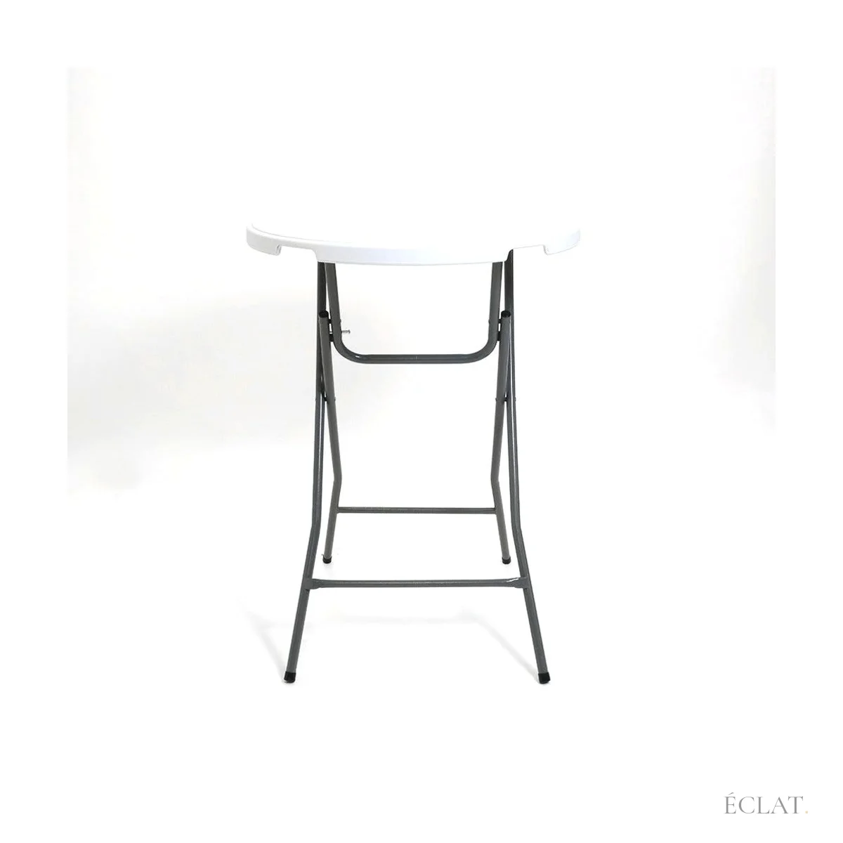 Mange-debout pliant de 80 cm vu de face, plateau blanc et piètement en acier replié dessous