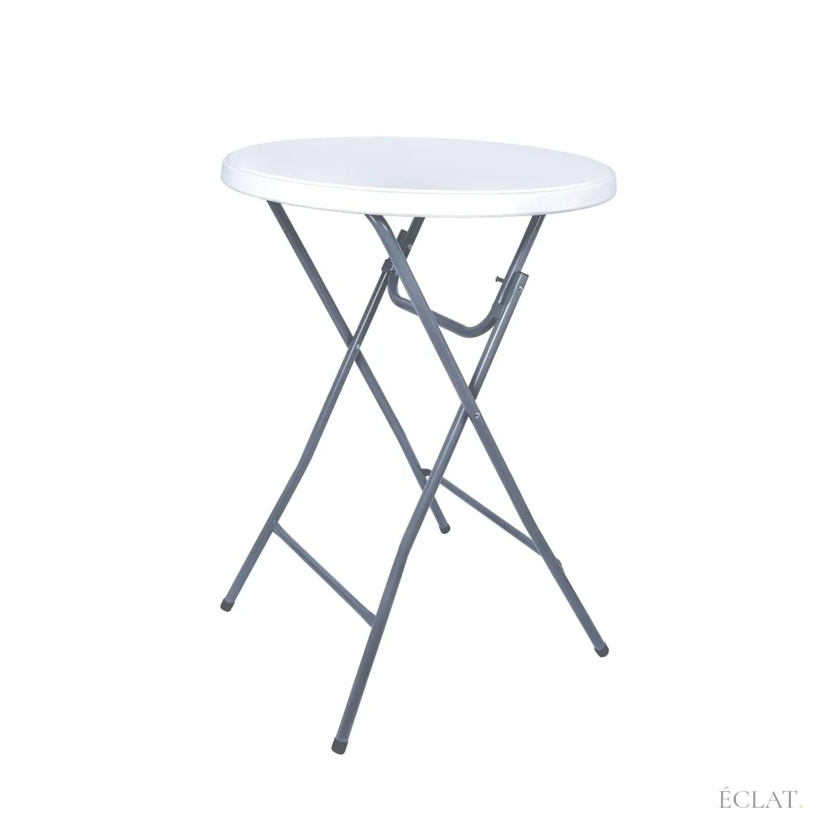 Location mange-debout pliant de 80 cm : table haute ronde à plateau blanc et pieds en acier gris