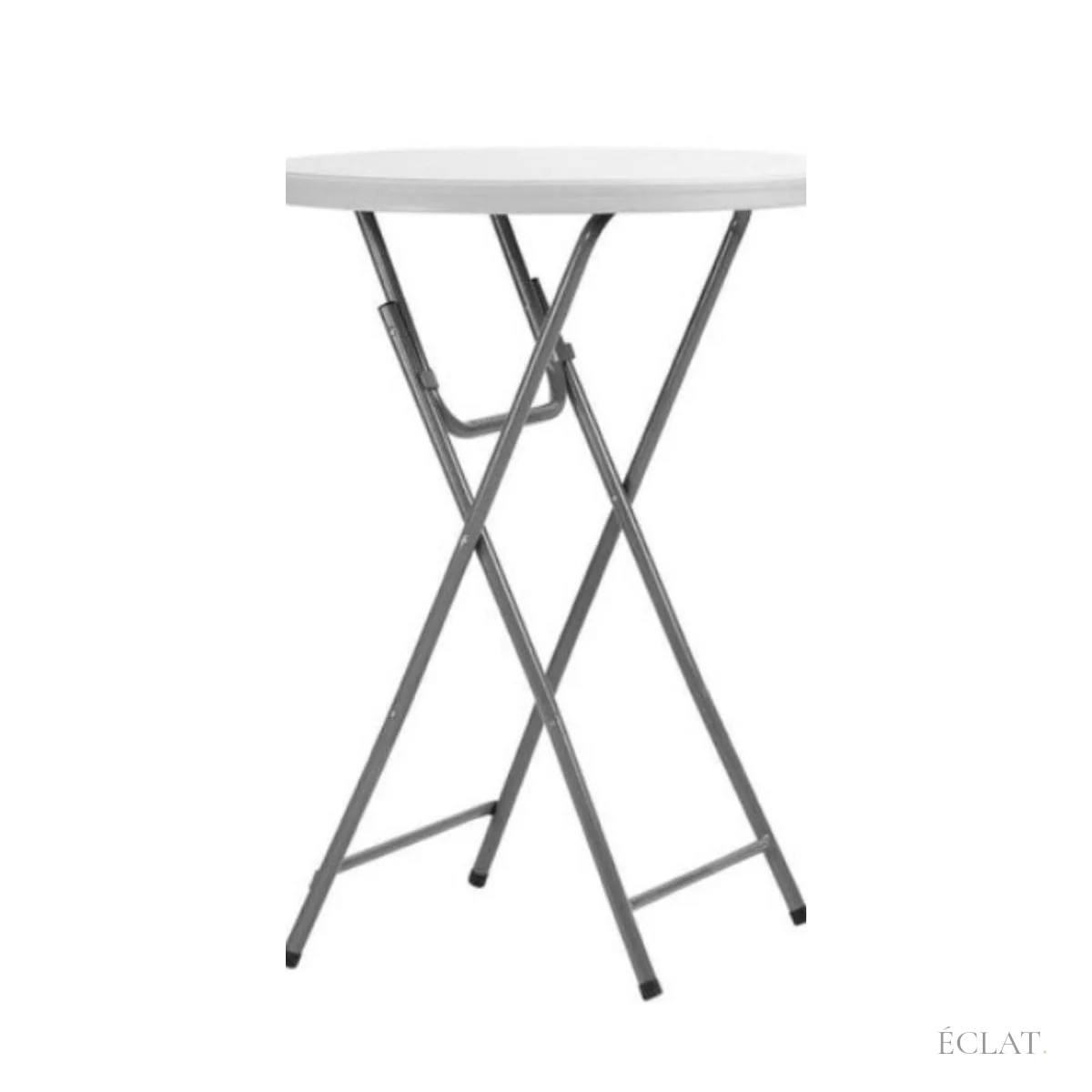 Location mange-debout pliant : table haute ronde de 60 cm, plateau blanc et pieds en acier croisés