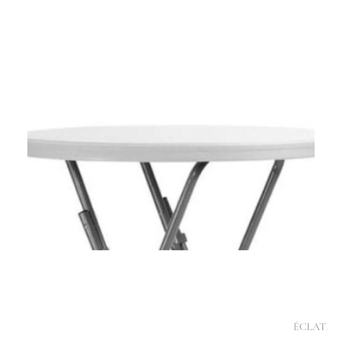 Plateau rond blanc de 60 cm d'un mange-debout pliant, vu de côté