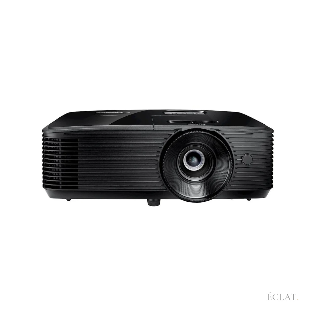 Vidéoprojecteur Optoma W400LVe vu de face, objectif centré et grilles de ventilation latérales