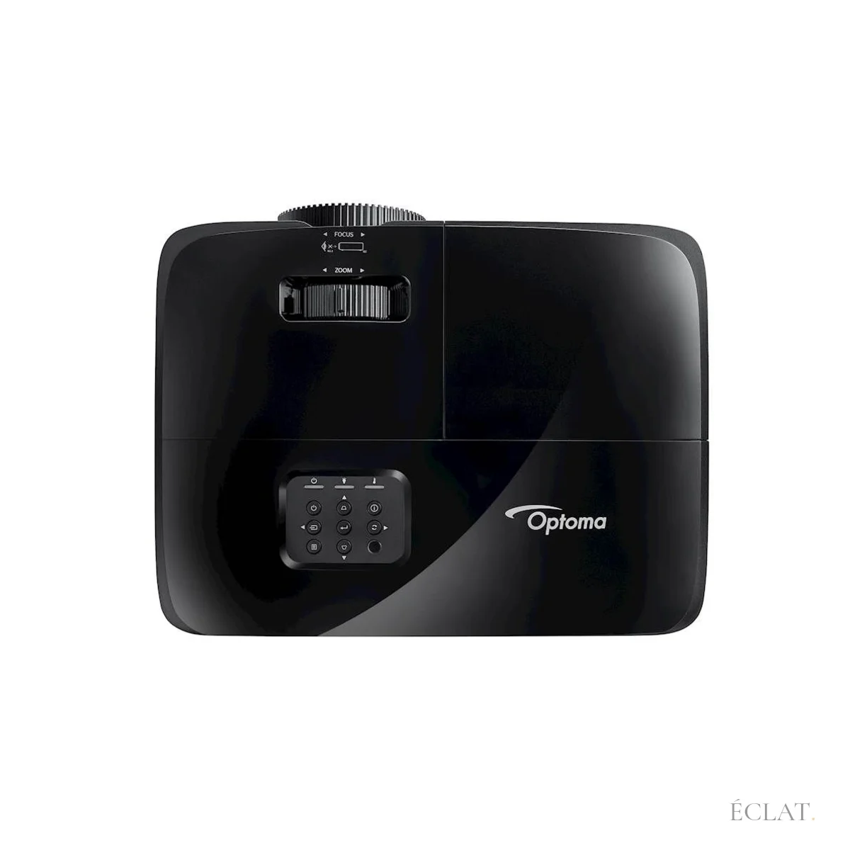 Dessus du vidéoprojecteur Optoma avec bagues de zoom et de mise au point et clavier de commande