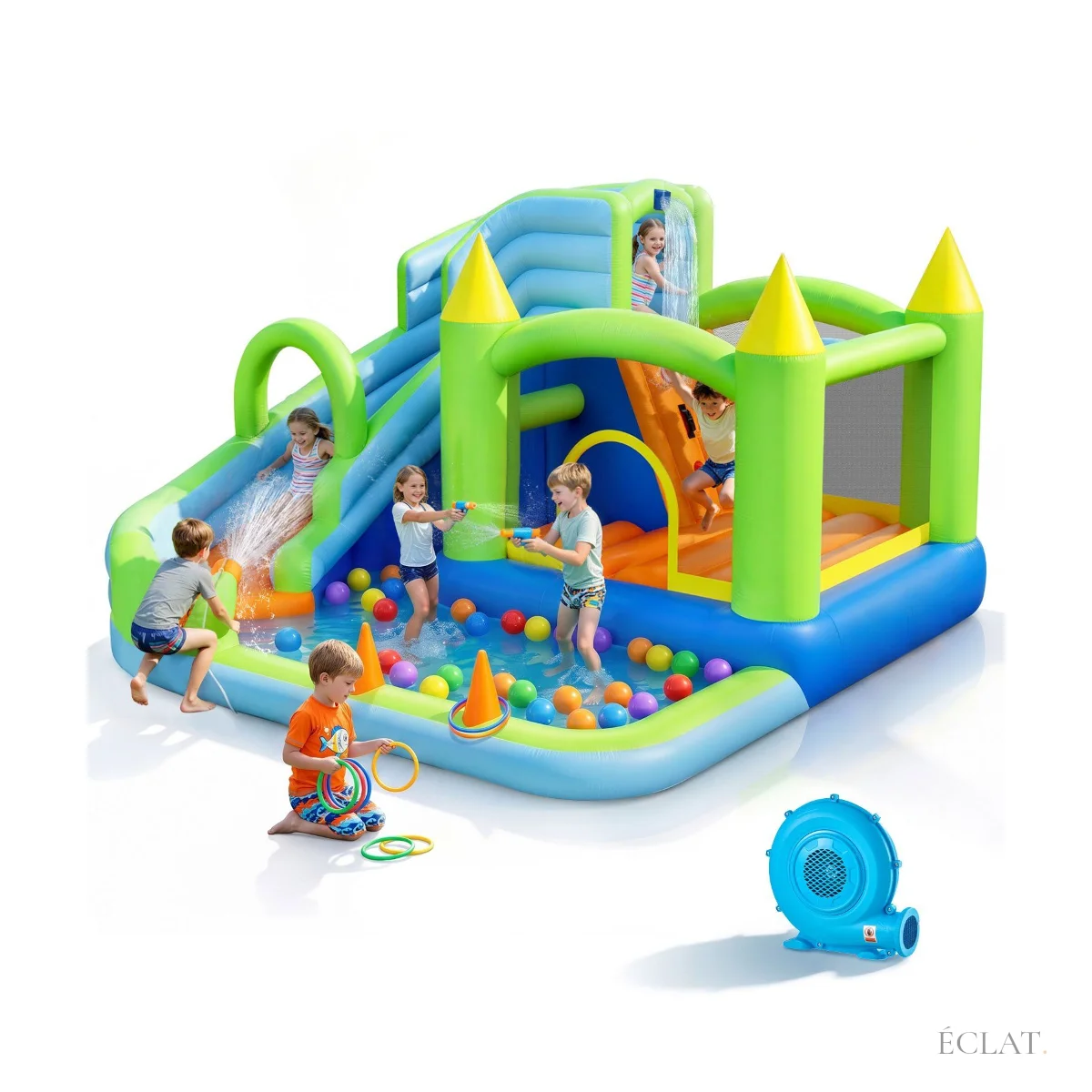 Location château gonflable aquatique avec toboggan, piscine et souffleur