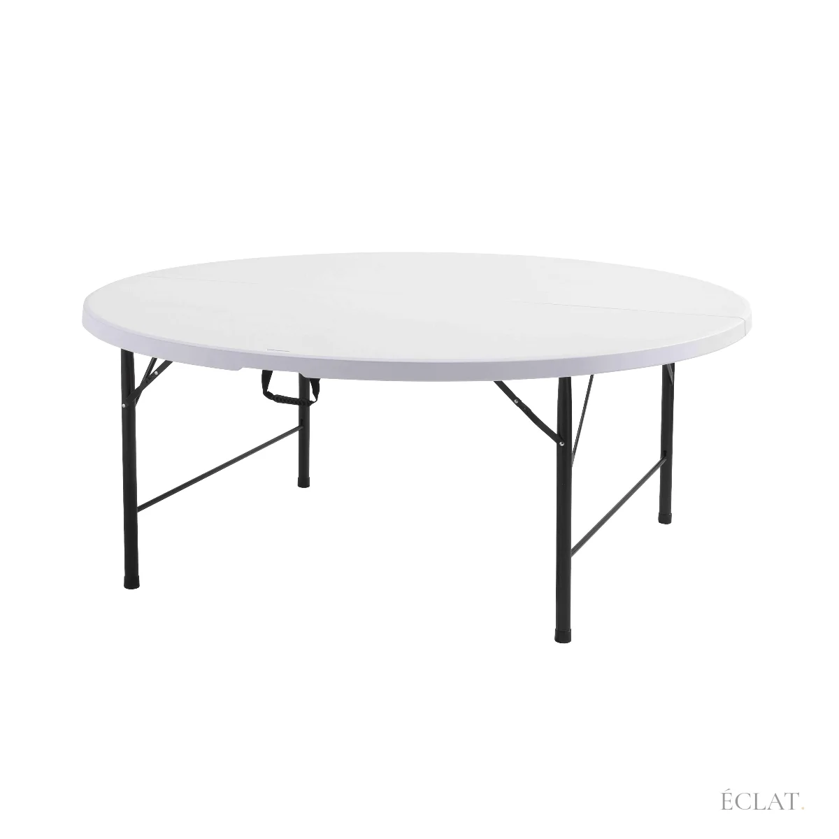 Location table ronde 180 cm pliante, plateau blanc en PEHD et pieds en acier noir, pour 10 convives