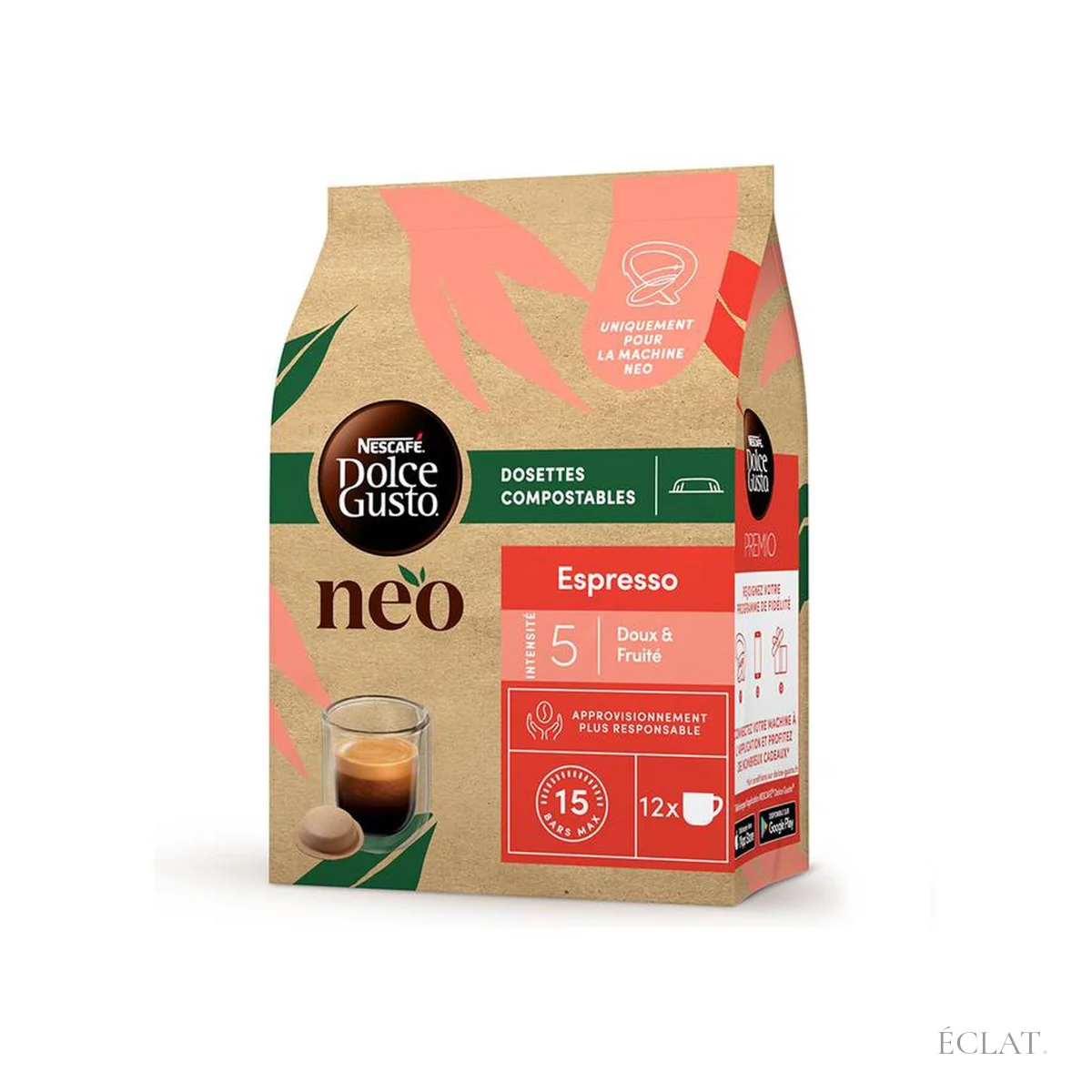 Paquet de 12 dosettes NEO Espresso Nescafé Dolce Gusto, vue de trois quarts