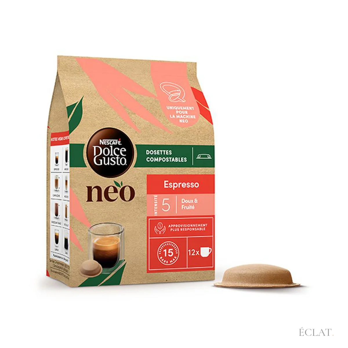 Dosettes NEO Espresso Dolce Gusto : paquet, dosette en papier et espresso en tasse