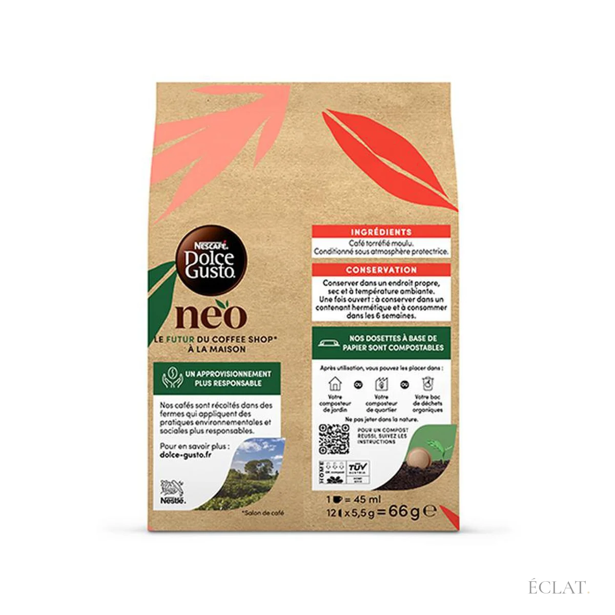Dos du paquet de dosettes NEO Espresso : ingrédients, conservation et compostage