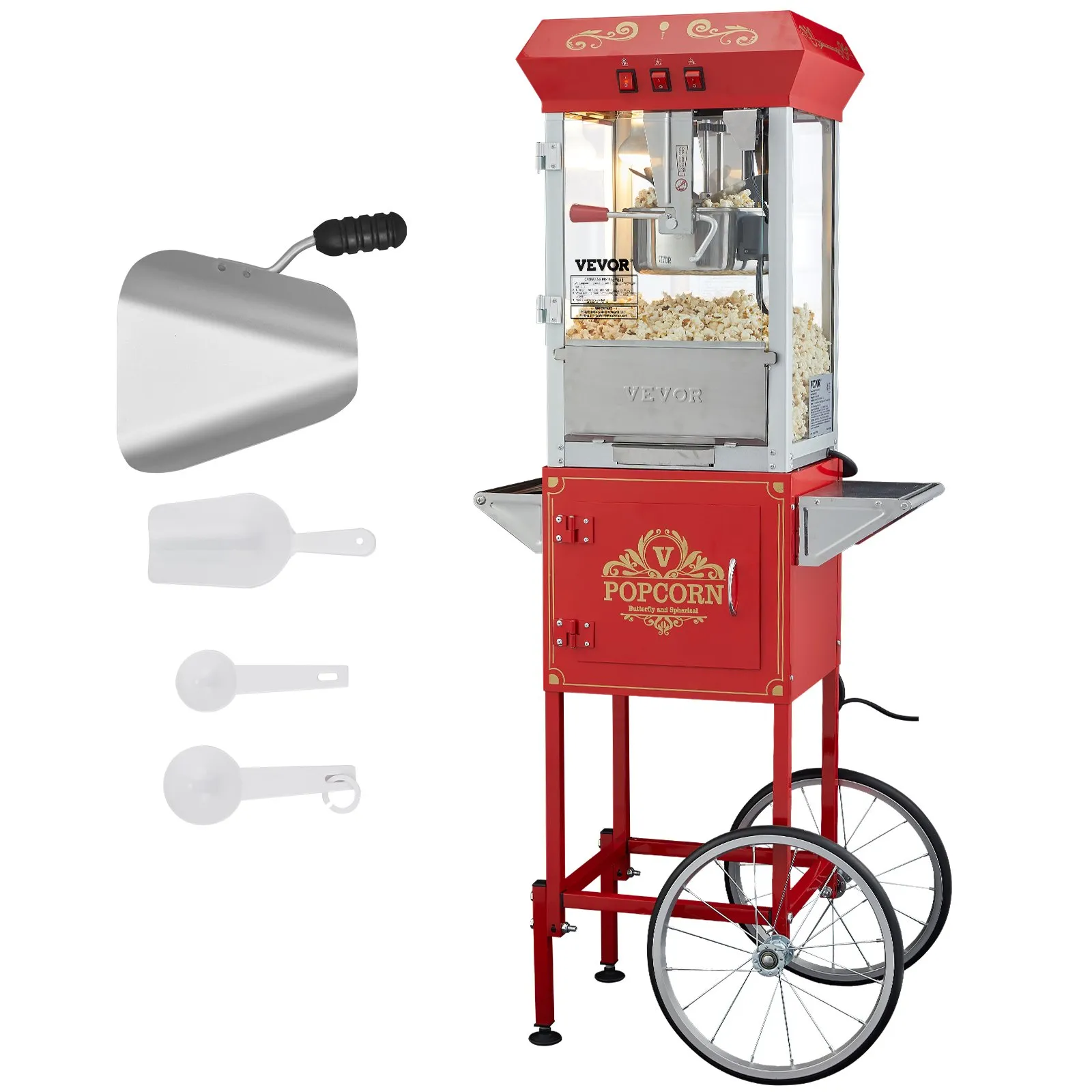 Machine à pop-corn 850 W sur chariot rouge vintage à roulettes, location ÉCLAT