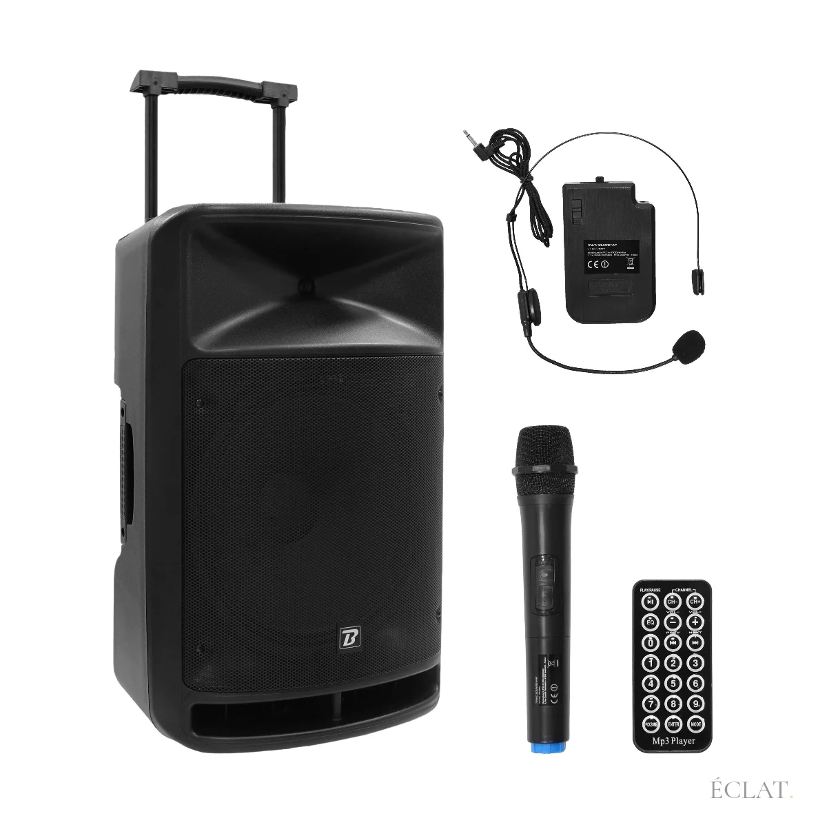 Sono sur batterie avec son micro main, son micro serre-tête et sa télécommande