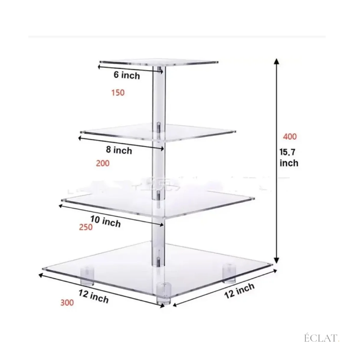 Dimensions du présentoir à cupcakes : plateaux carrés de 30 à 15 cm, 40 cm de haut
