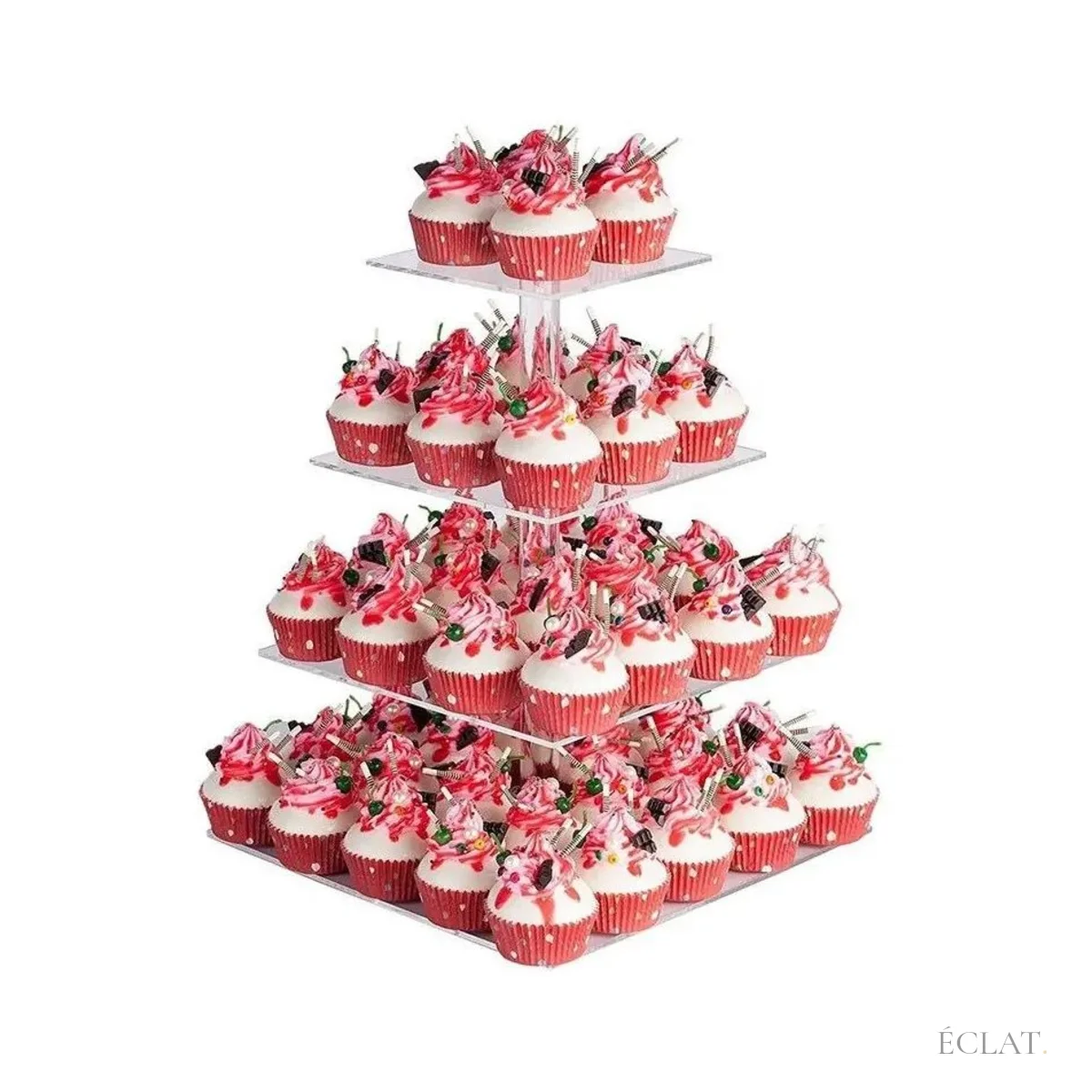 Location présentoir à cupcakes acrylique 4 étages garni de cupcakes roses