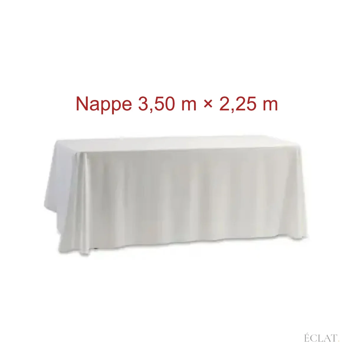 Nappe rectangulaire blanche de 3,50 m sur 2,25 m sur une table de banquet
