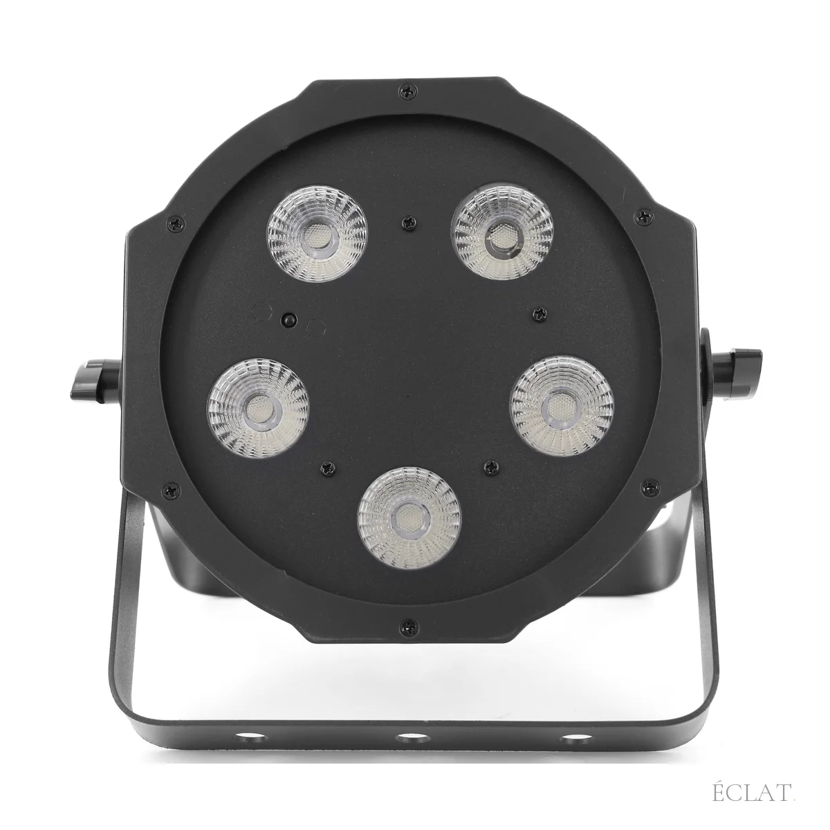 Projecteur PAR LED plat vu de face, ses cinq LED 4-en-1 rouge, vert, bleu et UV
