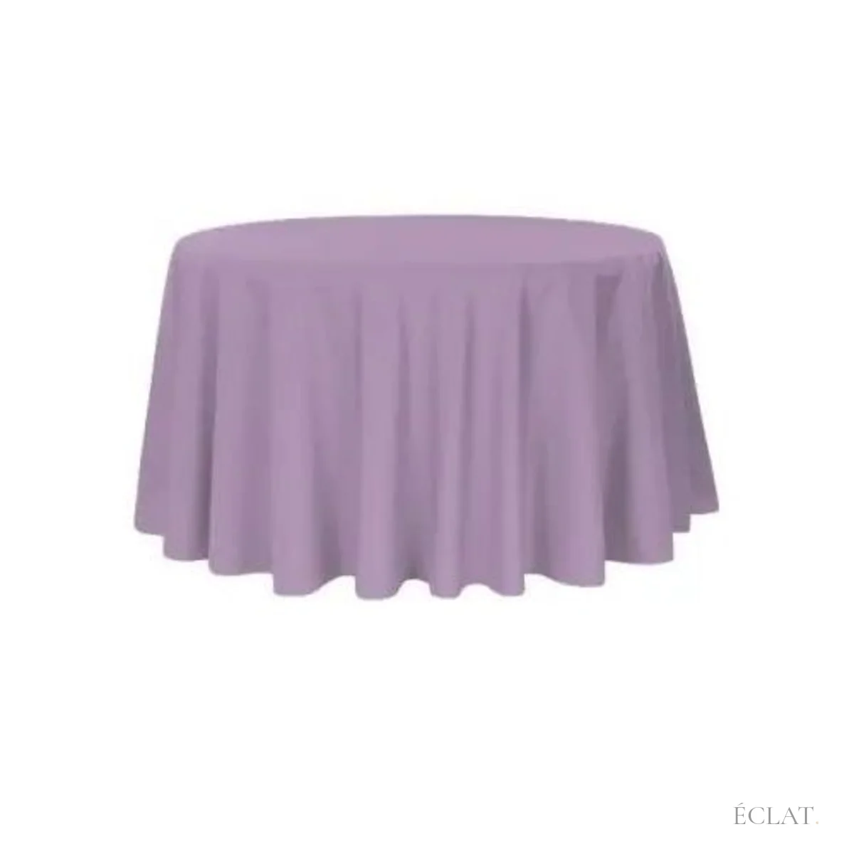 Nappe ronde parme unie tombant jusqu'au sol autour d'une table ronde