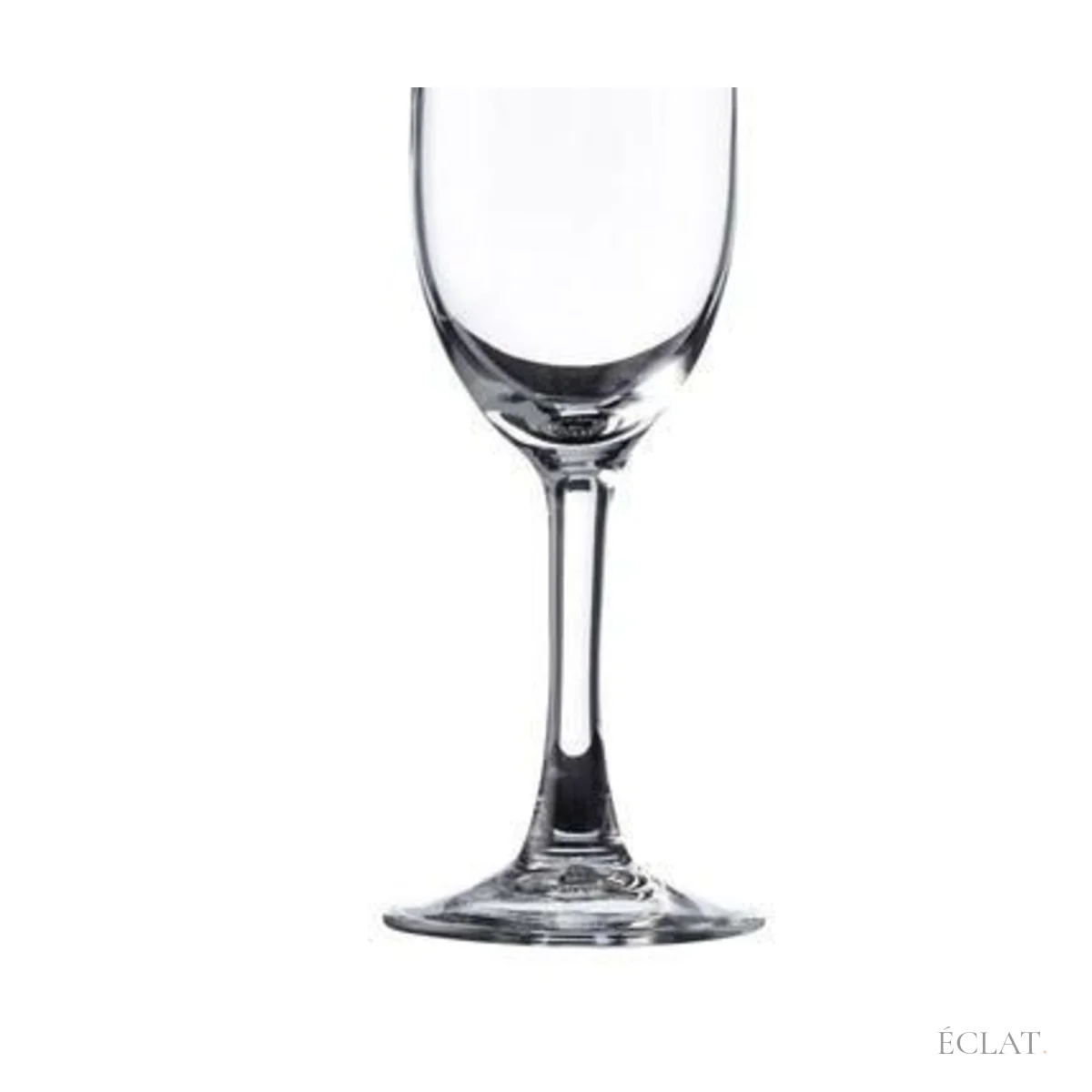 Jambe fine et pied d'une flûte à champagne en verre trempé, en détail
