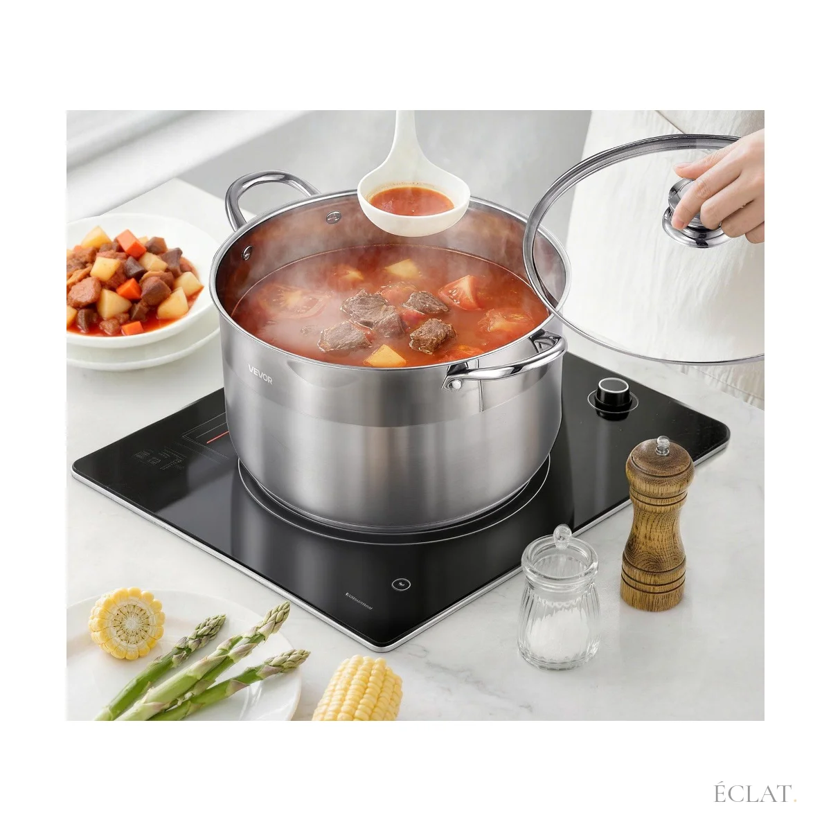Marmite inox sur une plaque de cuisson, louche de sauce tomate