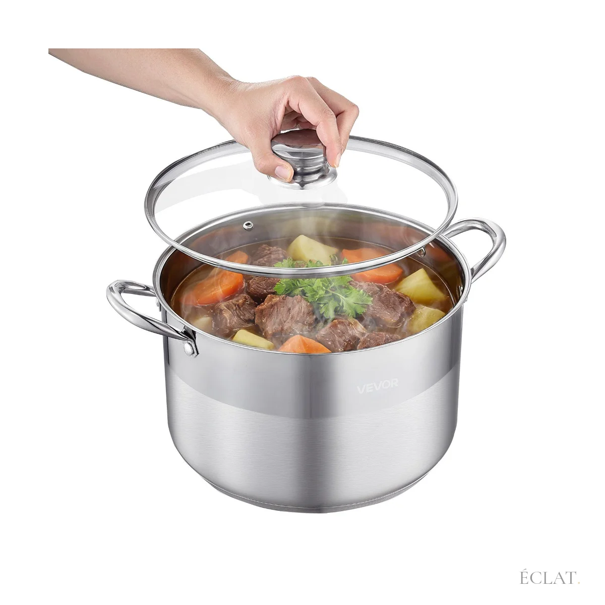 Location marmite inox de 11,4 litres avec couvercle en verre, garnie de pot-au-feu