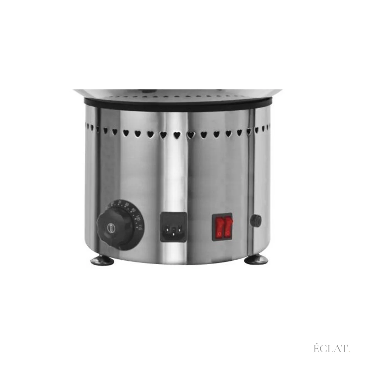 Socle inox de la fontaine : thermostat réglable et interrupteurs chauffe et moteur