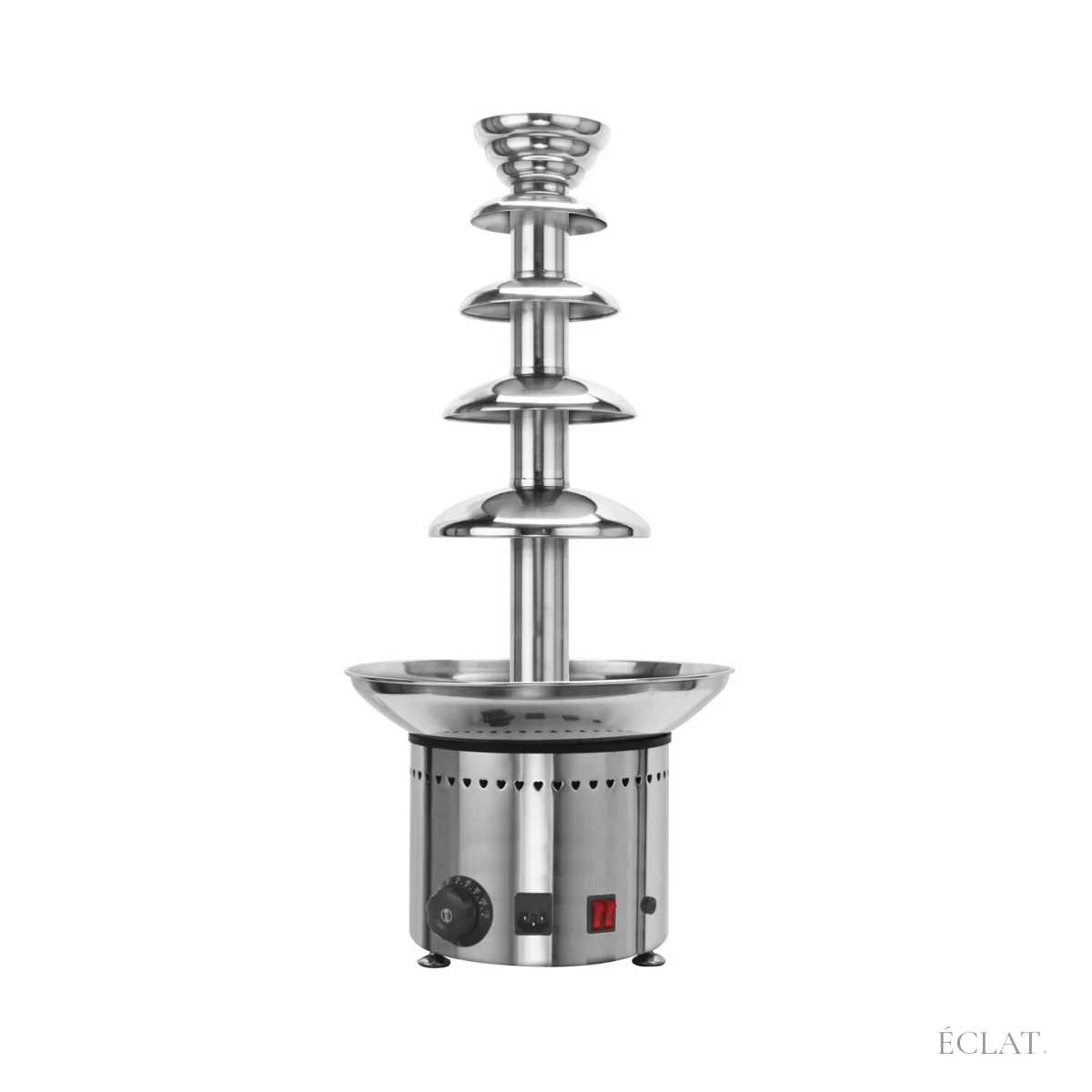 Fontaine à chocolat inox à vide, vue de trois quarts : tour à 5 étages et cuve