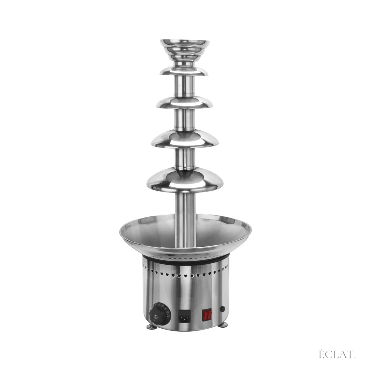 Fontaine à chocolat inox à vide, vue de face : étages et large cuve de récupération