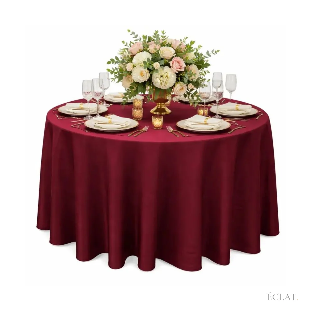 Location nappe ronde bordeaux Ø 280 cm sur une table dressée, fleurs et cristal