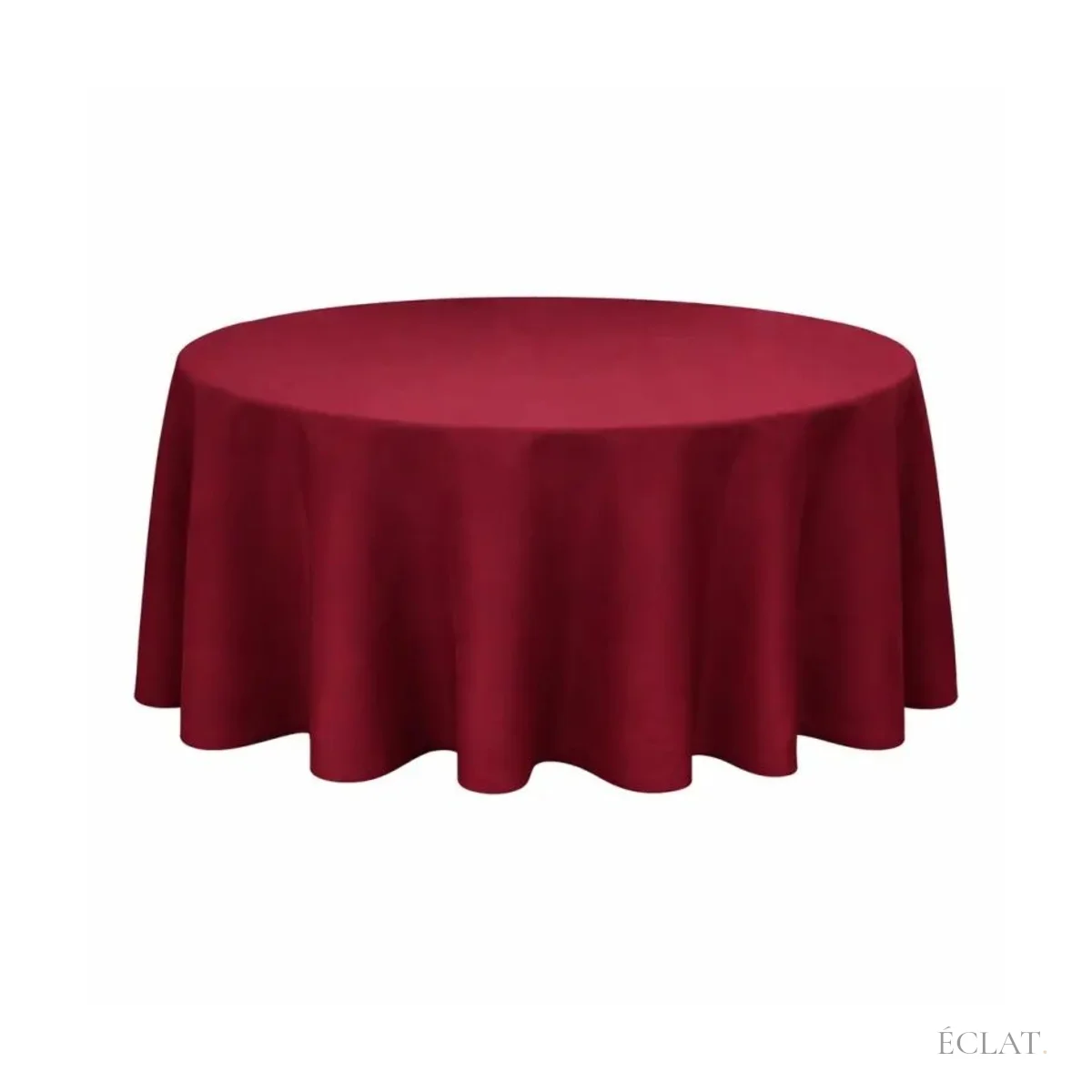 Nappe ronde bordeaux unie tombant jusqu'au sol autour d'une table ronde