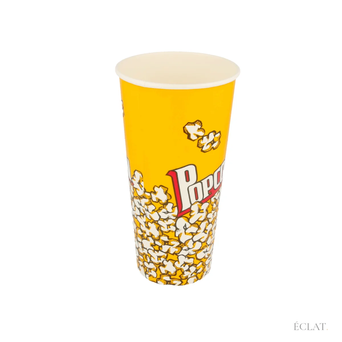 Gobelet à pop-corn 72 cl vu de trois quarts, motif de pop-corn sur fond jaune