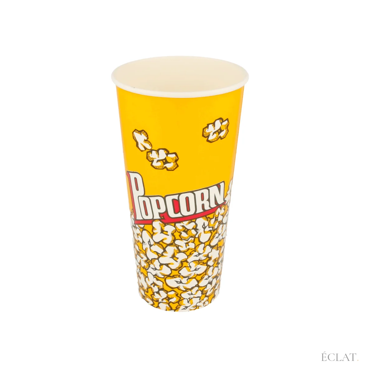 Gobelet à pop-corn en carton de 72 cl, décor jaune « Popcorn », vue de face