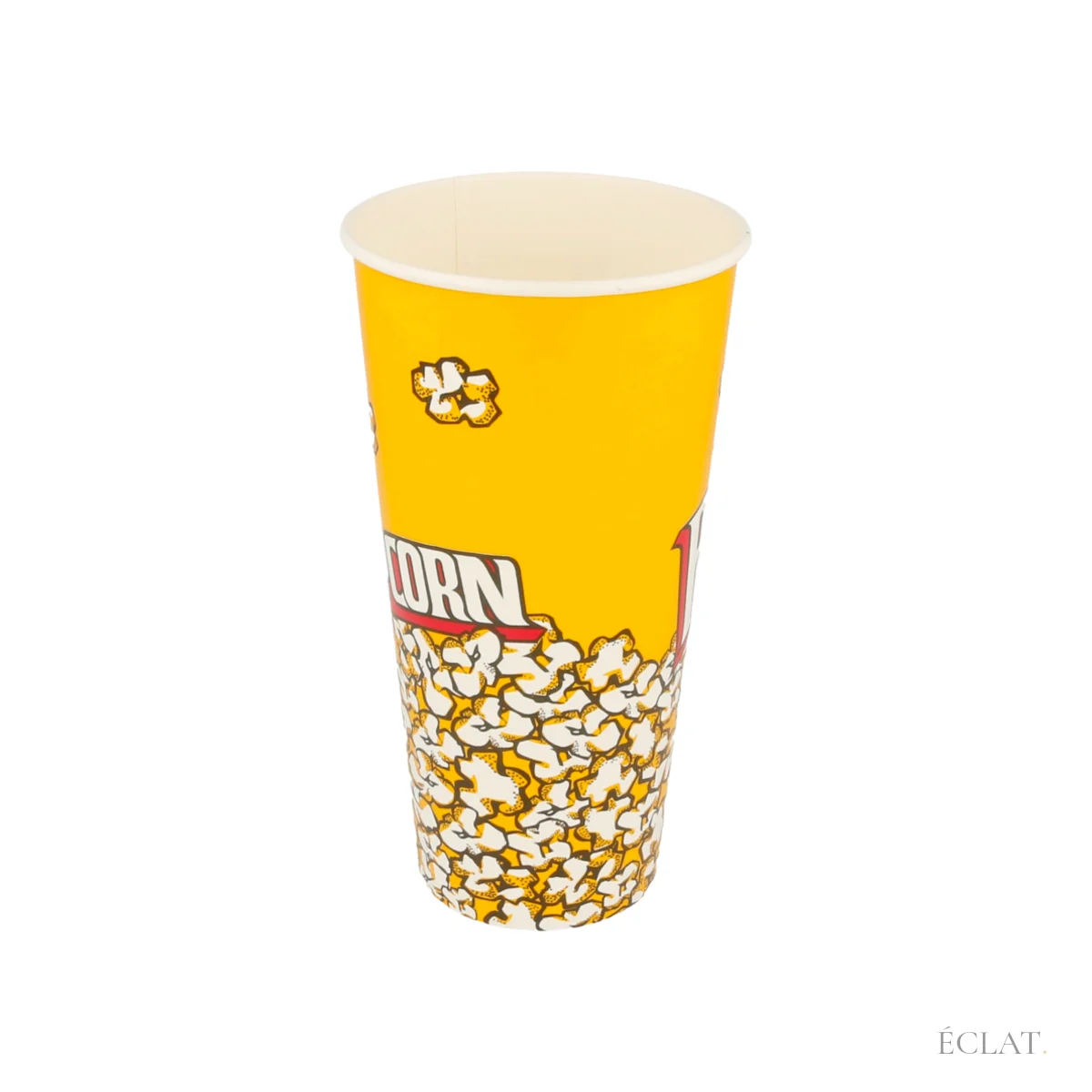 Gobelet à pop-corn en carton de 72 cl vu de profil, bord roulé blanc