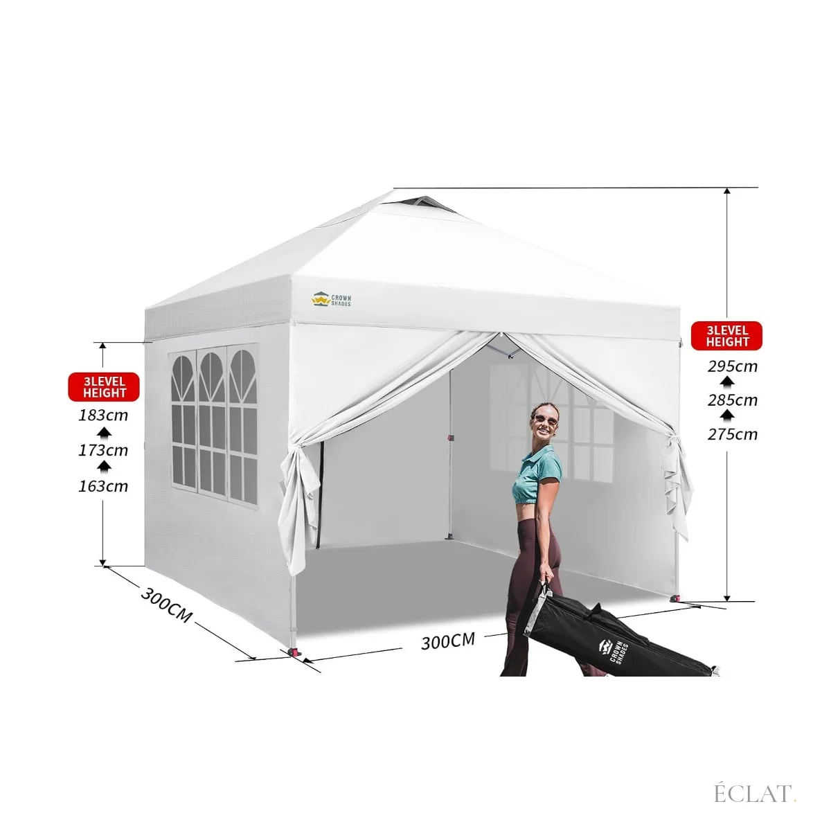 Dimensions de la tonnelle pliante 3 × 3 m : trois hauteurs réglables et sac de transport à roulettes