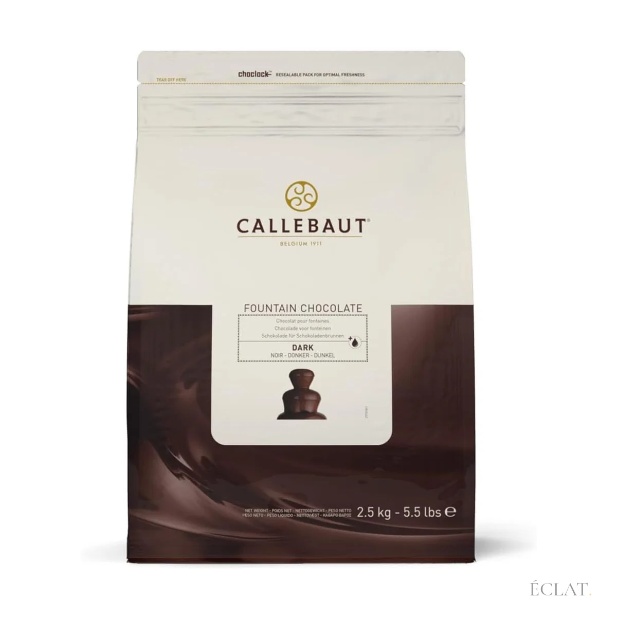 Sac de 2,5 kg de chocolat noir Callebaut pour fontaine, vue de face