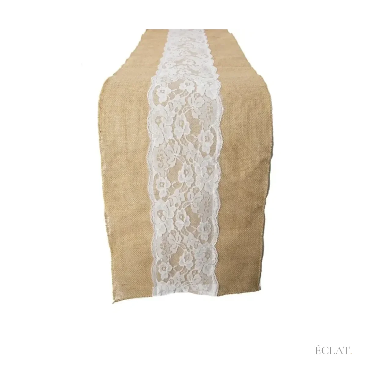 Chemin de table en toile de jute naturelle avec bande de dentelle blanche, vu à plat