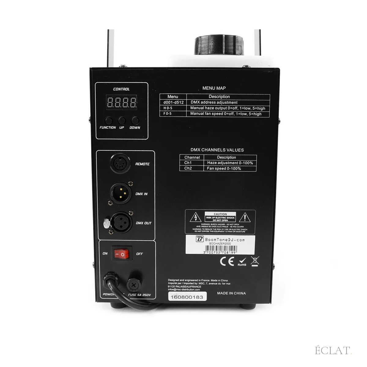 Panneau arrière de la Hazer 2000 : connecteurs DMX, télécommande et interrupteur