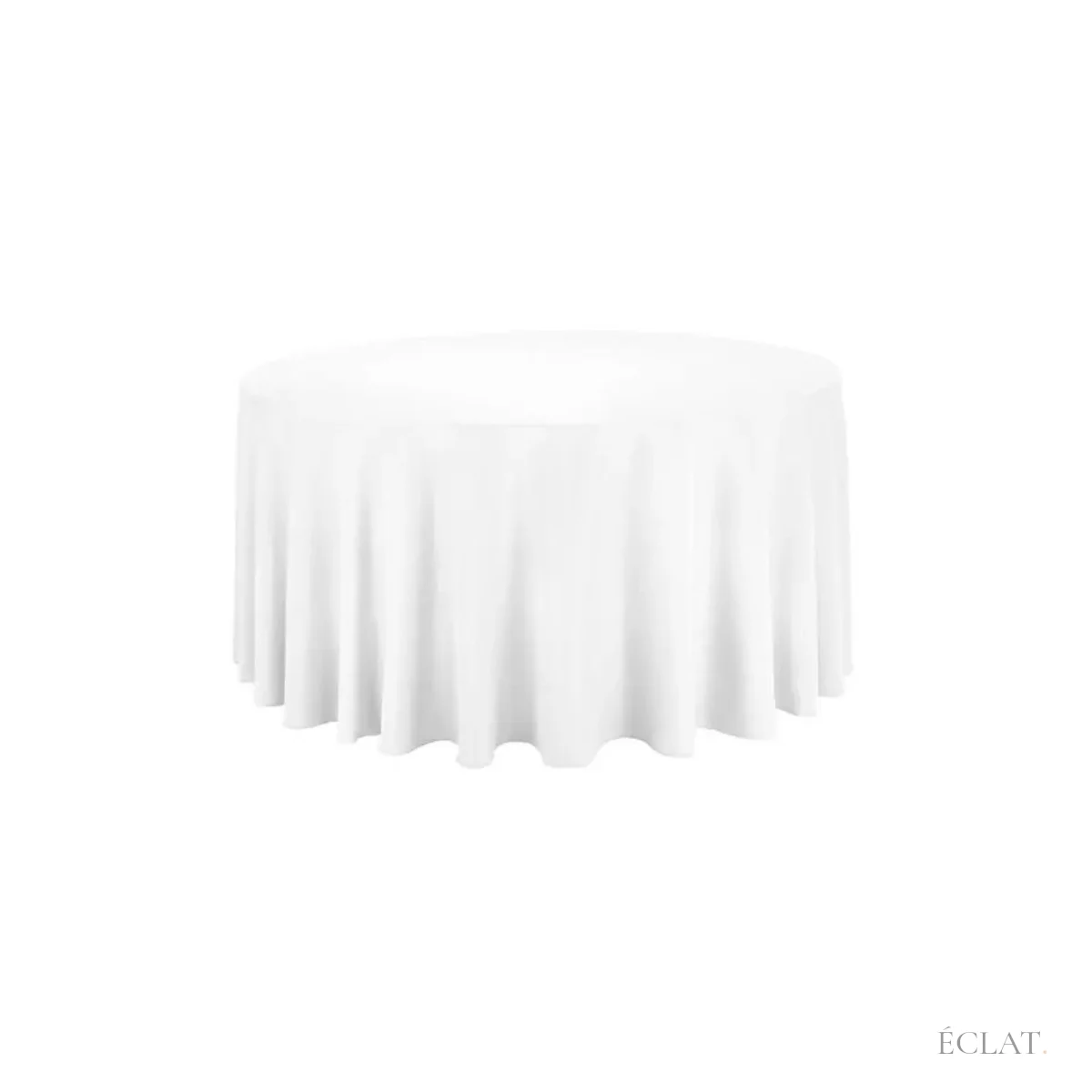 Nappe ronde blanche unie tombant jusqu'au sol autour d'une table ronde