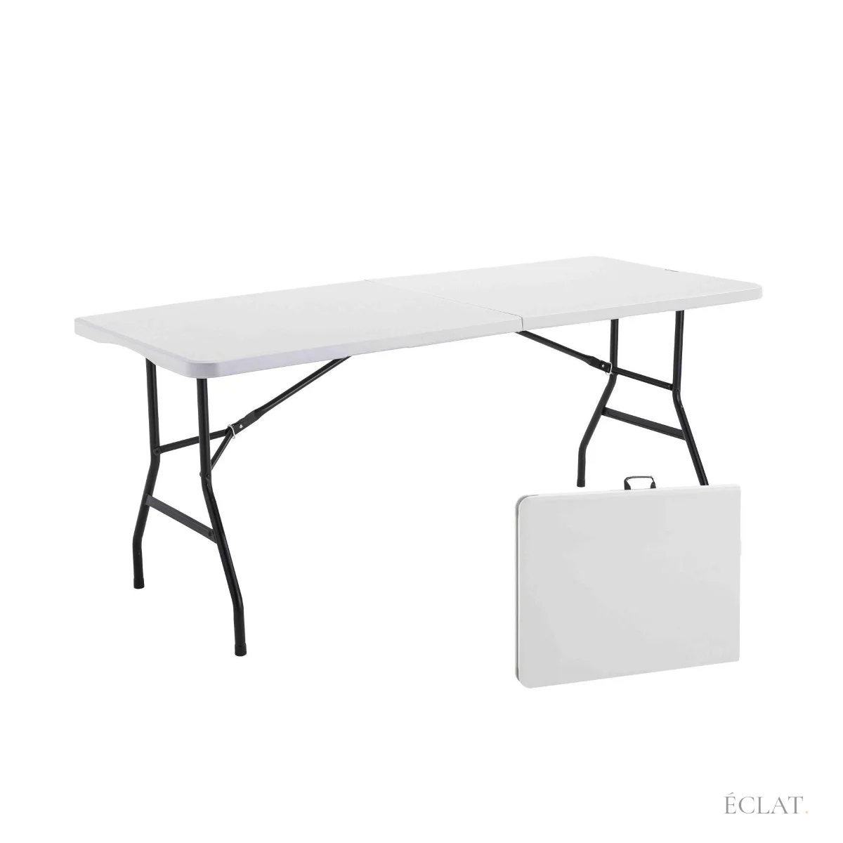 Location table pliante rectangulaire de 180 cm ouverte, à côté d'une table repliée en valise