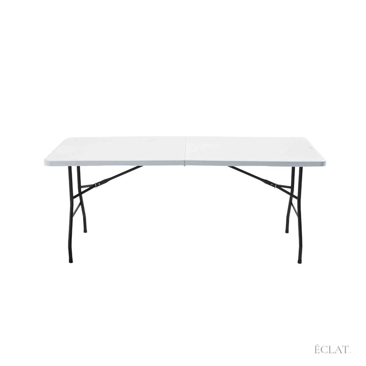 Table pliante rectangulaire blanche de 180 × 75 cm, piètement noir, vue de face