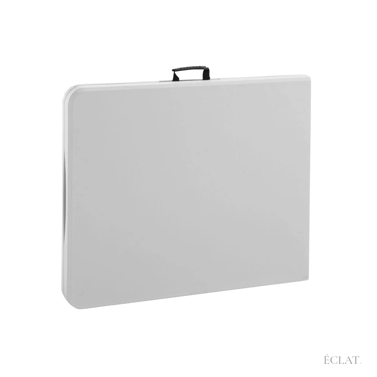 Table pliante rectangulaire repliée en valise avec sa poignée de transport