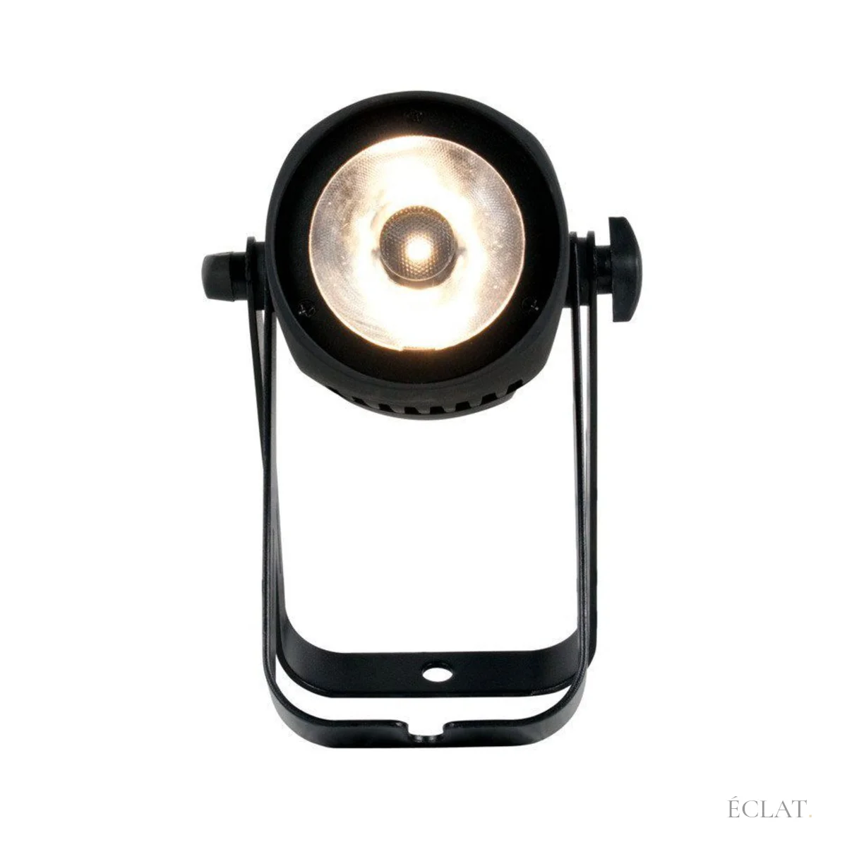 Location projecteur pinspot LED blanc chaud sur sa lyre de fixation