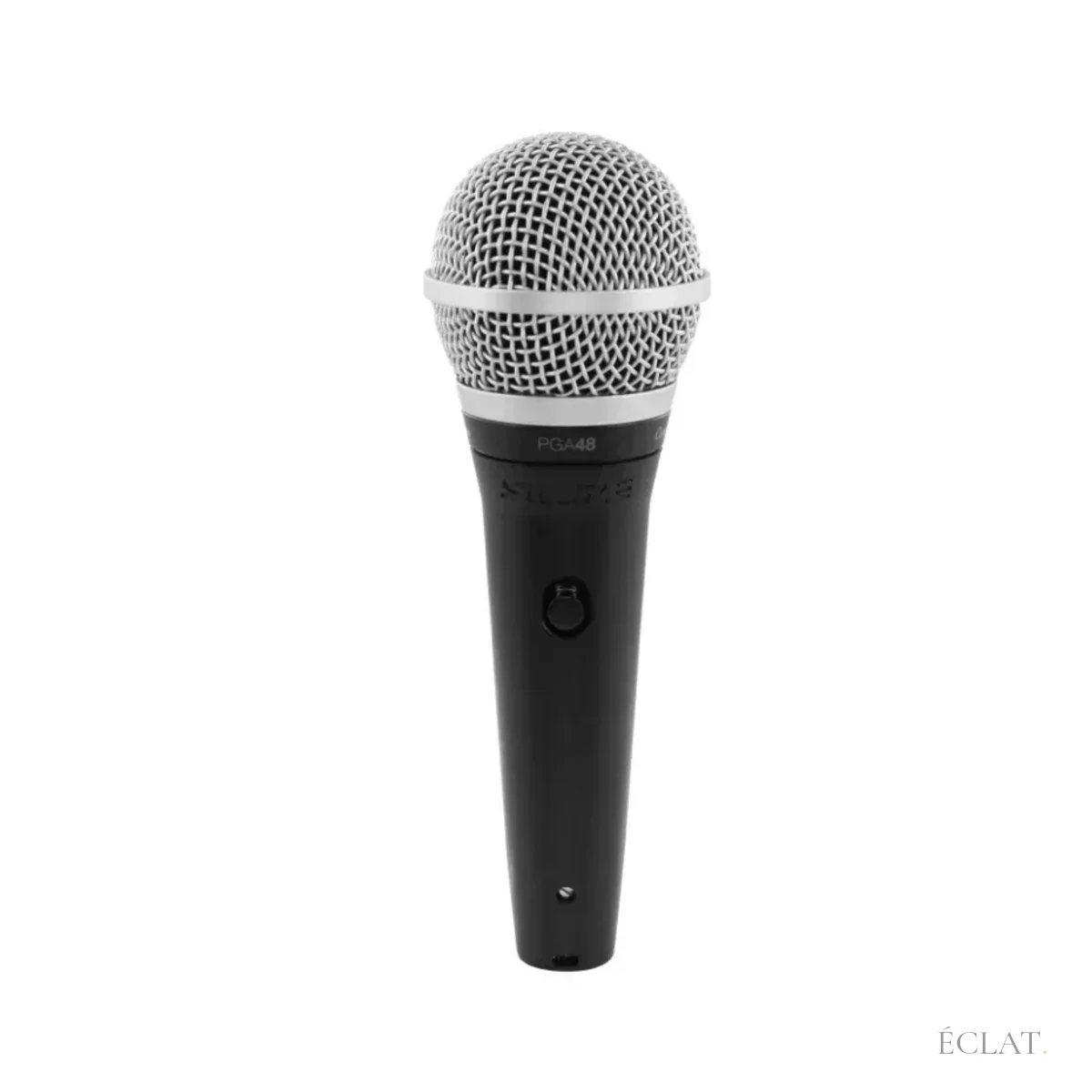 Micro de chant filaire Shure PGA48 en location chez ÉCLAT, vue de face avec grille métallique