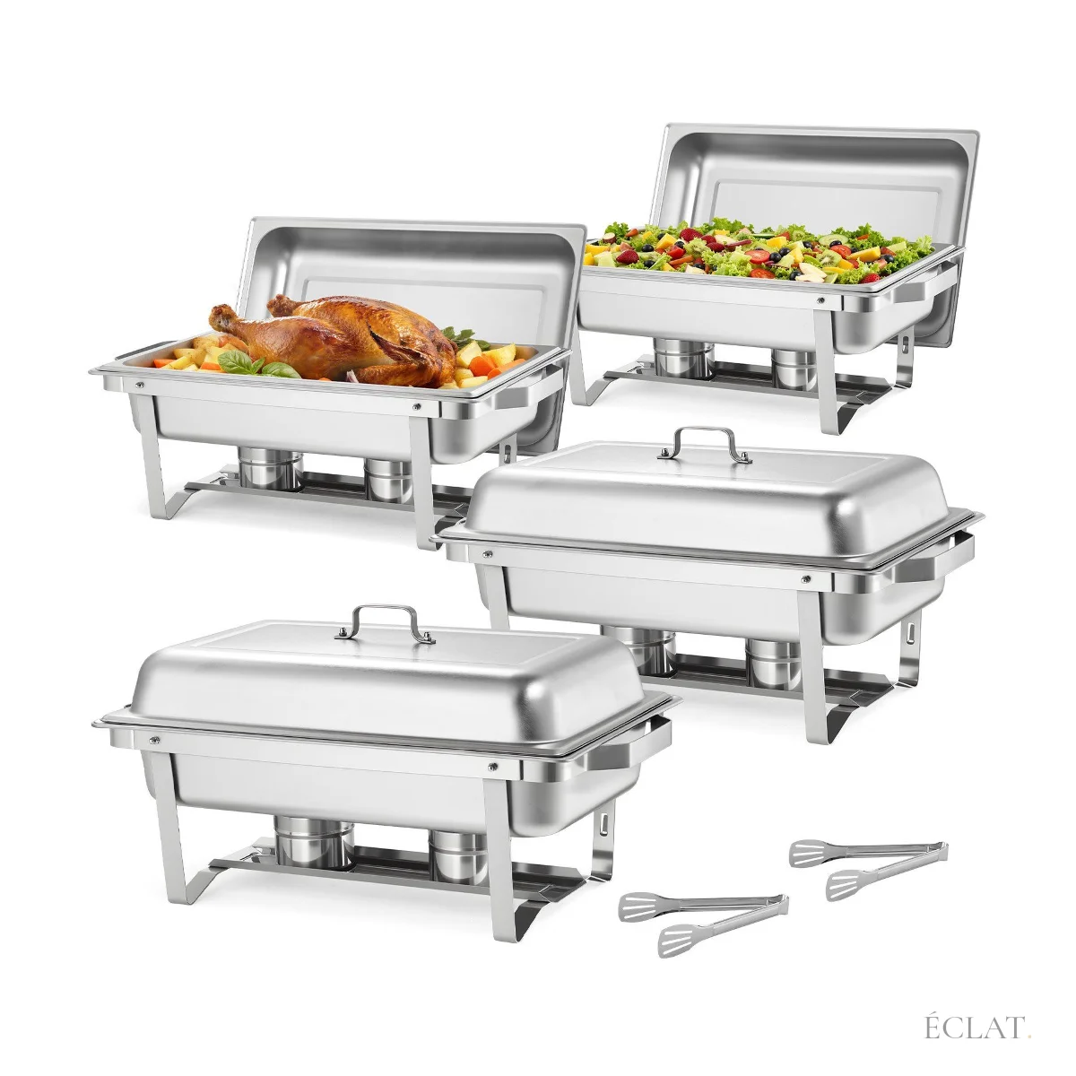 Ligne de quatre chauffe-plats inox garnis pour un buffet