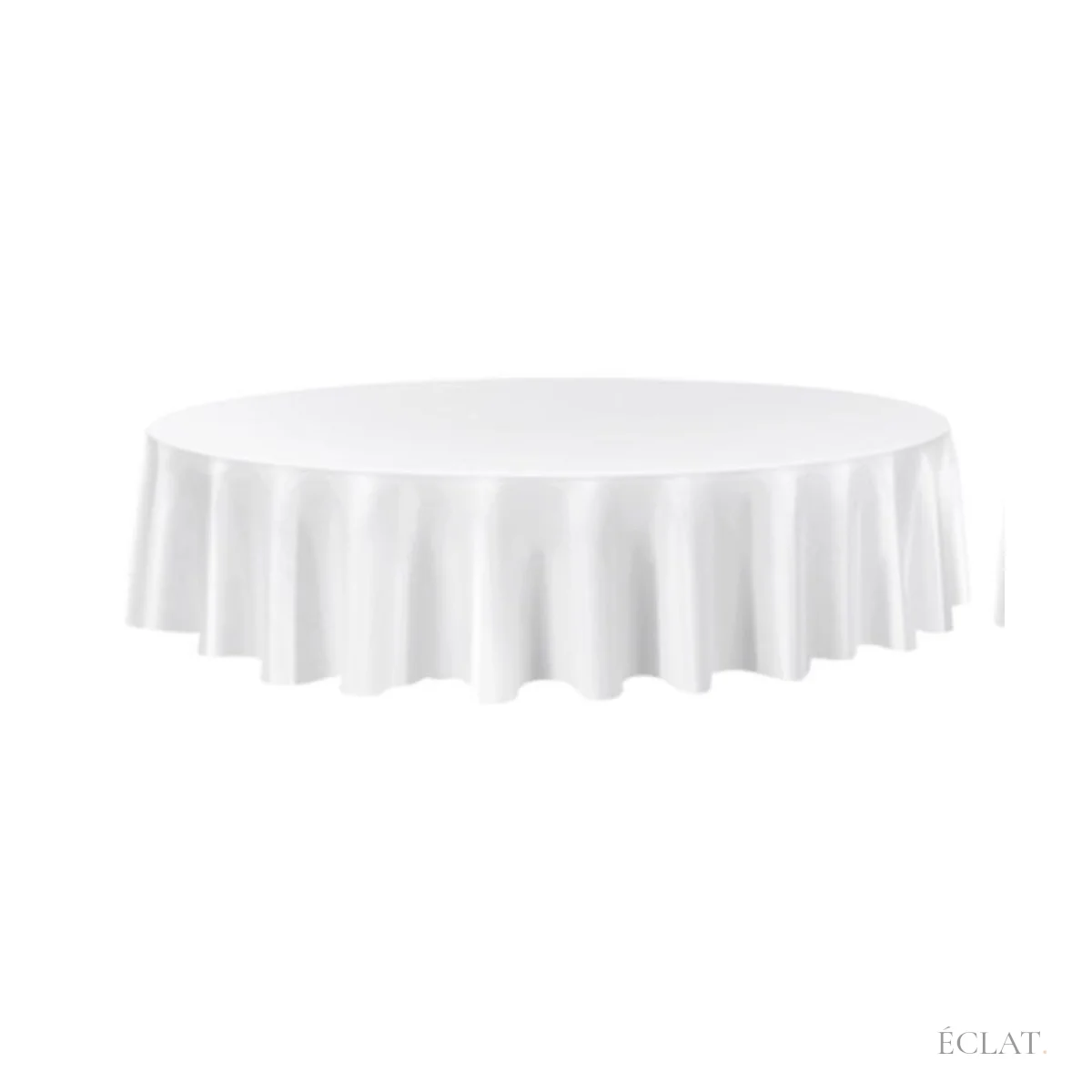 Nappe ronde blanche Ø 229 cm sur une table ronde, retombée à mi-hauteur, location ÉCLAT