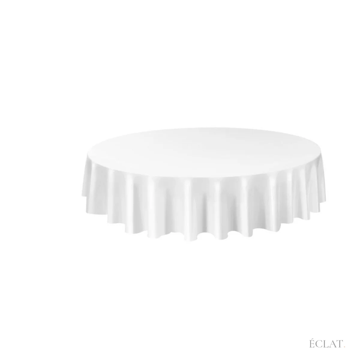 Nappe ronde blanche en polyester posée sur une table ronde, location ÉCLAT pour réception