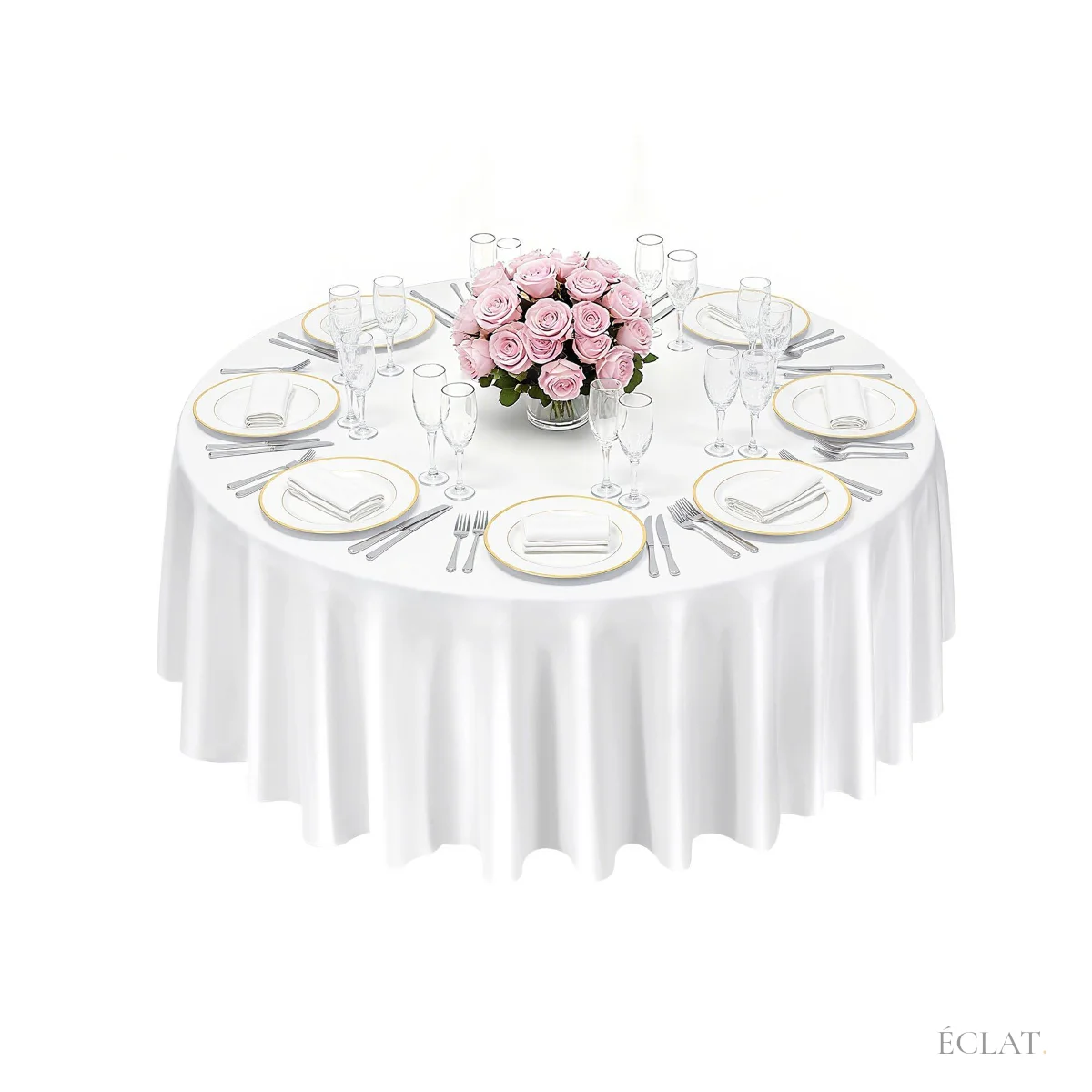 Location nappe ronde blanche 305 cm tombant jusqu’au sol sur une table dressée