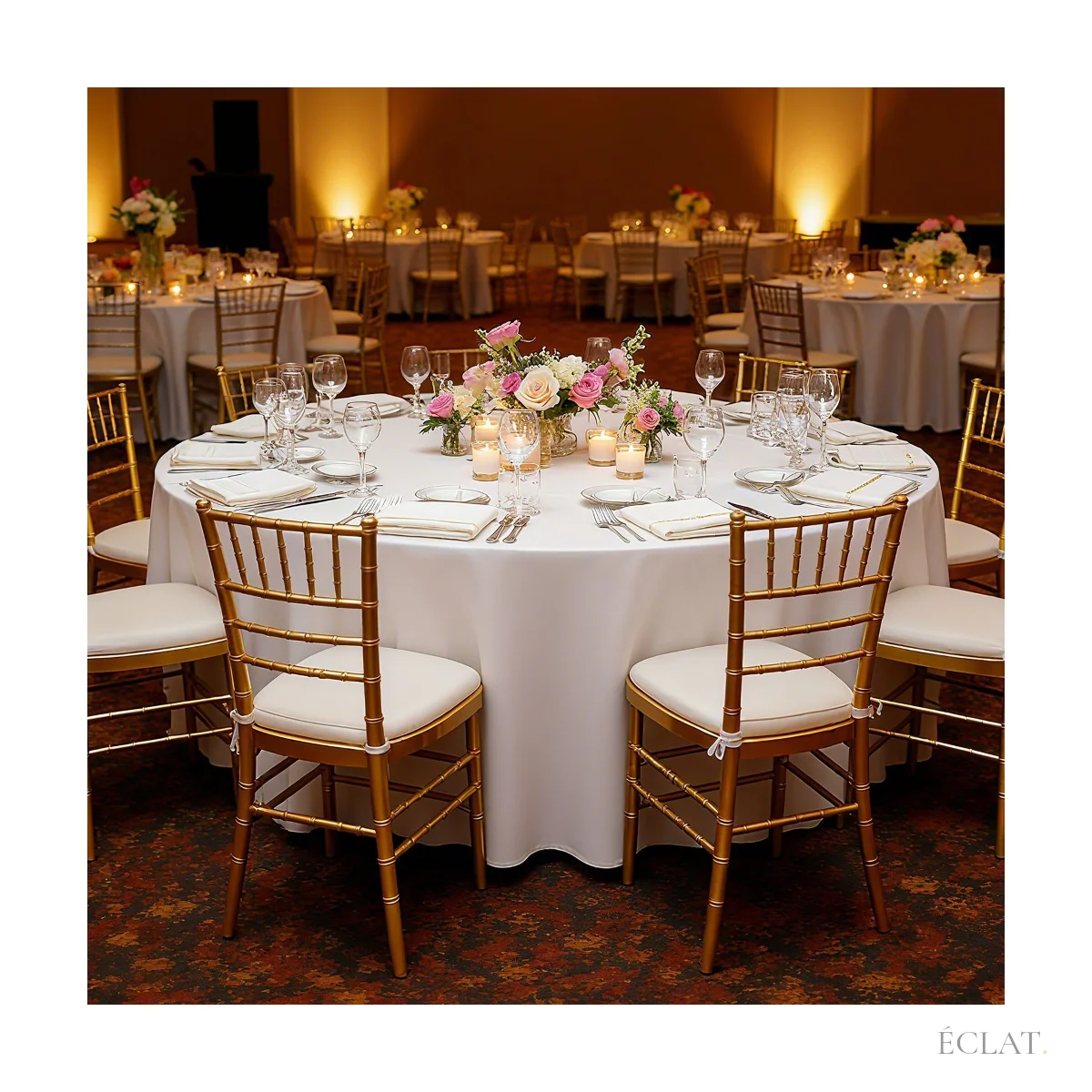 Table ronde dressée sous une nappe blanche en polyester, chaises dorées, salle de réception