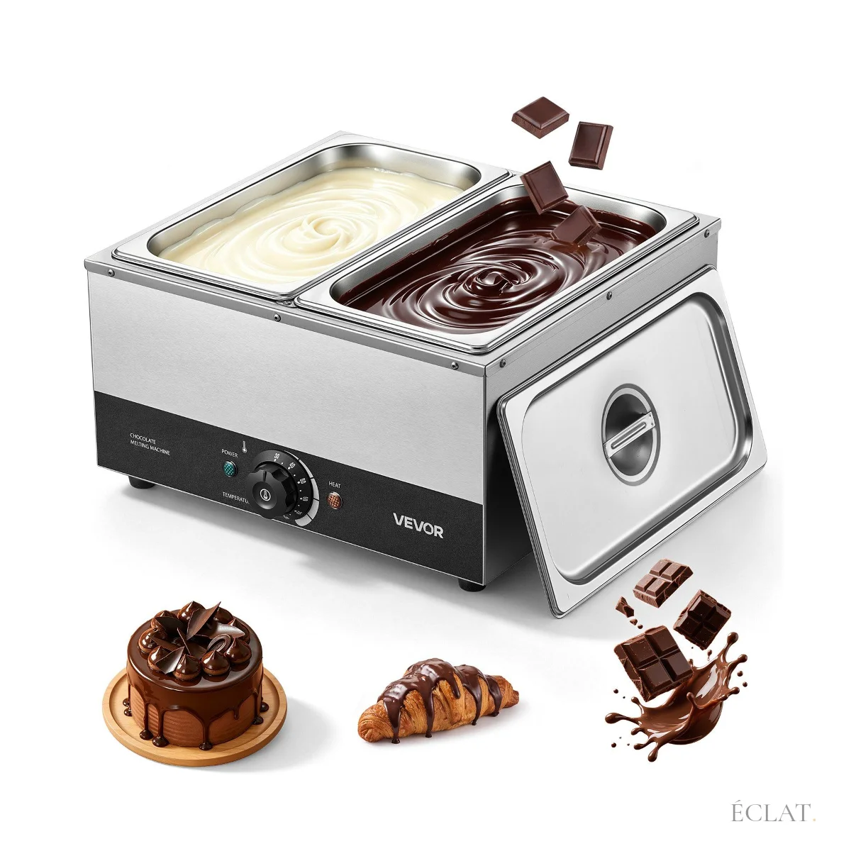 Location fondoir à chocolat au bain-marie, deux cuves inox de chocolat fondu