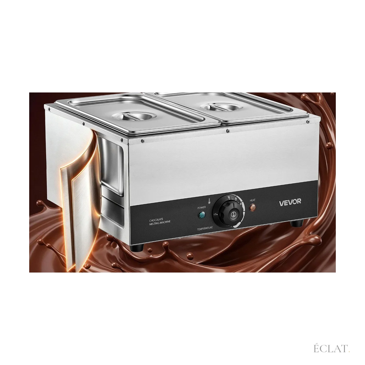 Fondoir inox à deux cuves et bouton de réglage de la température