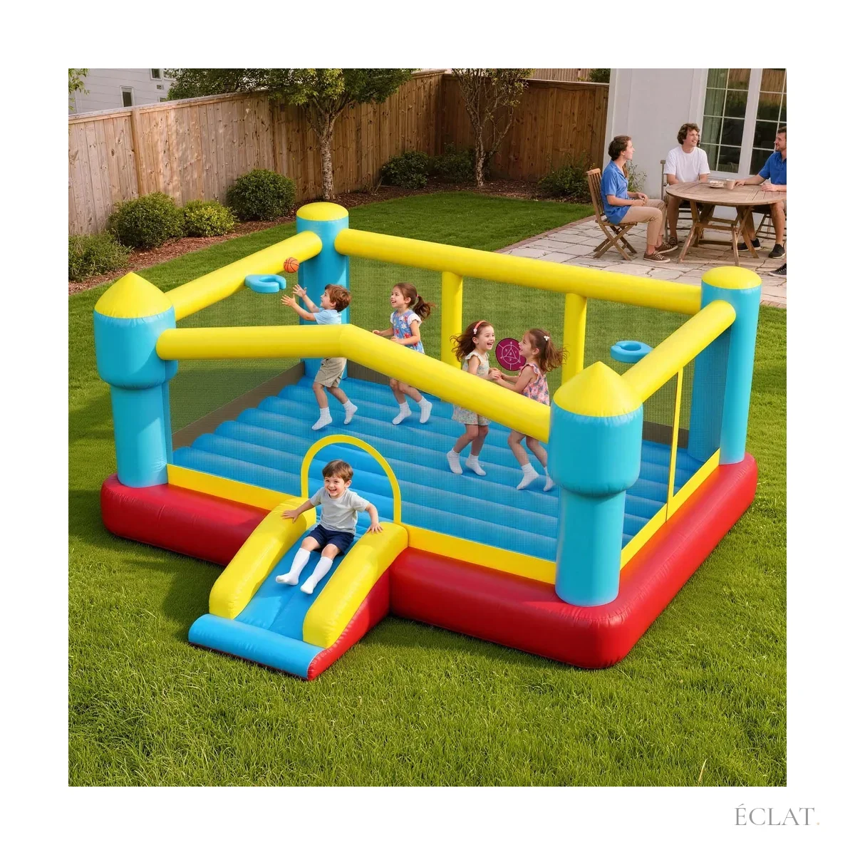 Location château gonflable avec toboggan et panier de basket pour les 3-8 ans